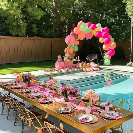 Pool Party Ideas pink decor and balloon arches for your backyard summer party